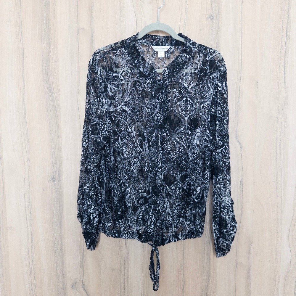 Womens Lace Sheer Button Up Top Size XL Black Paisley Dark Boho Classic Layer